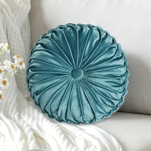 Image of HIG Set of 2 Teal Ruched Velvet Round Throw Pillows - 14.5'' Decorative Pillows with Soft Polyester Filling for Couch, Bed, Living Room, Bedroom, or Dorm - Handmade, Stress Relieving, All-Season