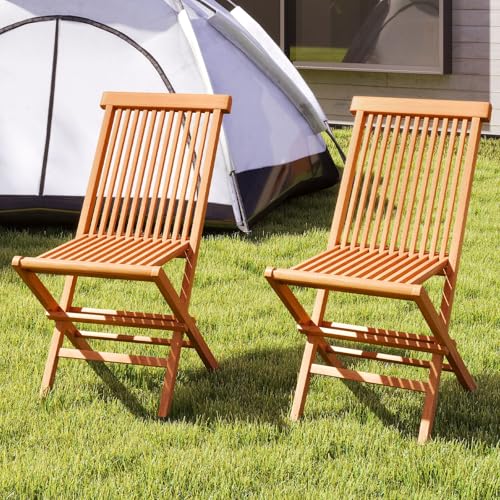 LDAILY Teak Wood Folding Patio Chairs Set of 2, Outdoor Foldable Dining Chairs with High Back and Slatted Seat, Wooden Outdoor Chairs for Bistro, Backyard, Porch and Garden, Camping, Picnic (2)