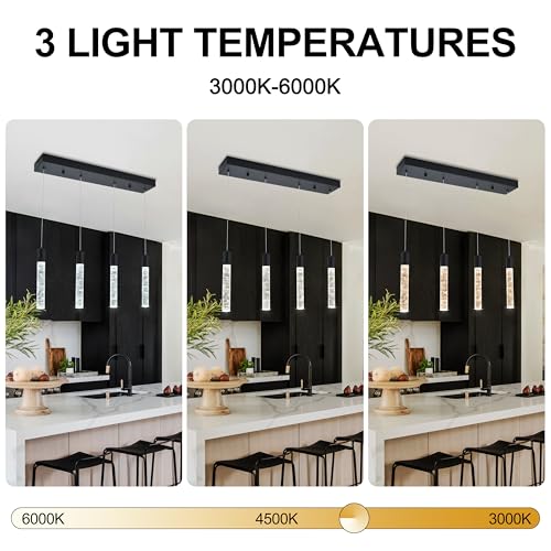 Image of 4 Light Pendant Lights Kitchen Island, Modern Matte Black Crystal Pendants with Dimmable 3000K-6000K LED Ceiling Hanging Light Fixture for Dining Room Bedroom, Adjustable Height 59 inch