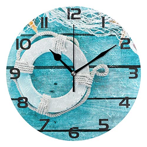 Générique Étoile de mer Marine Nautique sur Planche de Bois Turquoise Horloge Murale Ronde, Peinture à l'huile silencieuse sans tic-tac Home Office School Horloge décorative Art
