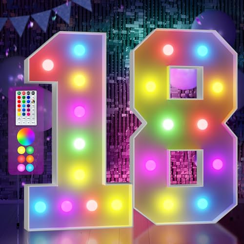 Image of Imprsv Colorful 4FT Marquee Numbers Light up Numbers 18 Birthday Decoration | RGB with Remote, Party Decorations Anniversary Wedding Decorations Assembly Required Foam Board 42 Pcs Accessory Set