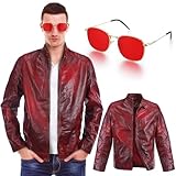 Maiteenly Red Men Leather Jacket Racer Style Casual Leather Jacket with Red Sunglasses Halloween Cosplay Costumes (XL)