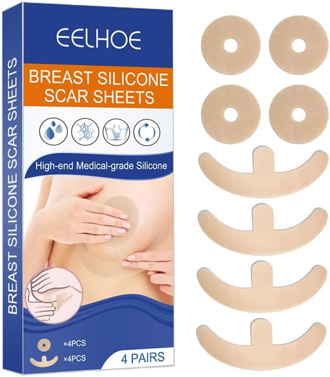 Silicone Scar Sheets, Silicone Scar Sheets for Breast, Breast Reduction After Surgery for Scars, Reusable Medical Grade Silicone Scar Sheets for Breast, 4 Areola Soft Strips and 4 Anchor Sheets