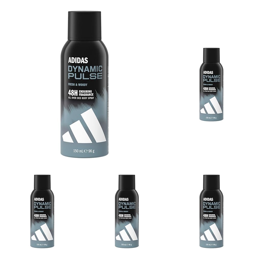 adidas Dynamic Pulse Deo Body Spray für ihn, 48 Stunden extra-langanhaltender Duft, frisch-holzig, 150 ml (Packung mit 5)