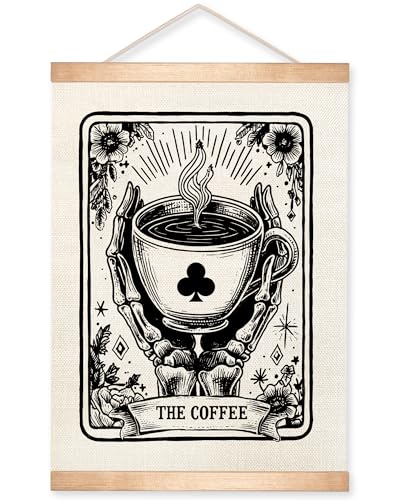 HEYJEEPER Coffee Tarot Card Wall Art ,Gothic Skeleton Hands Holding Cup Prints Linen Poster,Black and White Spiritual Hanging Wall Posters for Coffee Bar,Cafe Shop or Kitchen Home Decor 14x18inch (Coffee03)