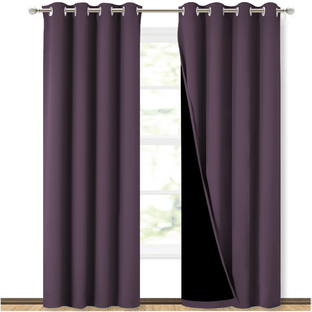NICETOWN 100% Blackout Curtains 84 inches Long, Plum, 52 inches Wide, Pair of Energy Smart &amp; Noise Blocking Out Drapes for Baby Room Window, Thermal Insulated Guest Room Lined Window Dressing
