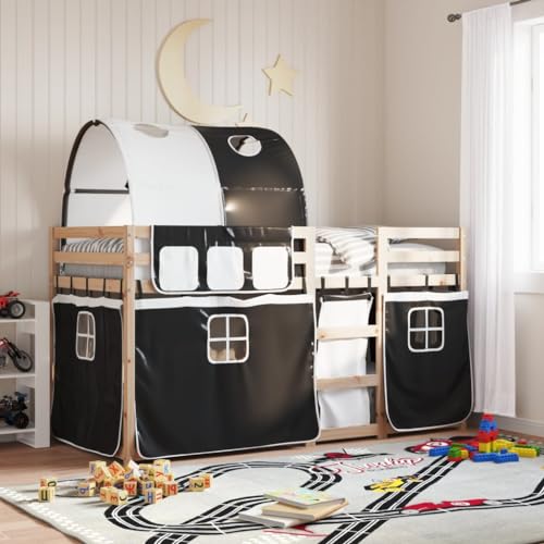 Brokky Litera con Cortinas Cama litera Matrimonio Camas literas Infantiles Madera Maciza Pino Blanco y Negro 90x190 cm / 3283994