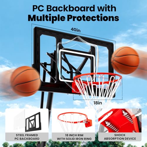 AWII SPORT Basketball Hoop Outdoor 40Inch Impact Backboard, 5.5-10FT Height Adjustable Basketball Hoop Goal System with Portable Wheels for Adults - Thumbnail 2