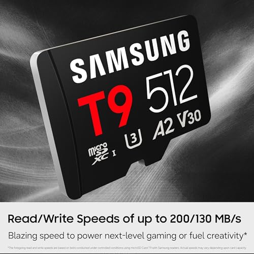 Image of Samsung microSDXC T9 512GB Memory Card, Transfer Speeds Up to 200MB /s