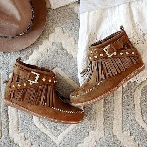 Cowboy Ankle Boots For Women Wide Width Short Cowboy Booties Western Suede Fringe Boots Round Toe Flats Winter Warm Outdoor Short Booties With Zipper Classic Retro Snow Shoes2