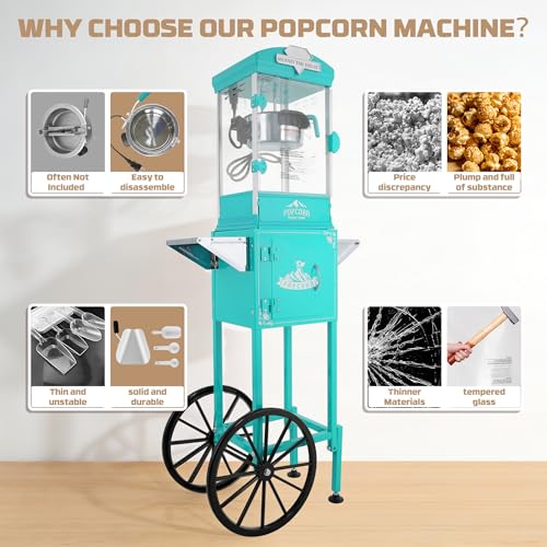Image of 10oz Popcorn Machine with Cart - Vintage Movie Theater Style Maker - Shatterproof Acrylic and Storage Cabinet for Home Parties, Concessions - Turquoise