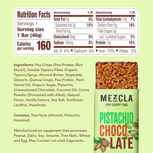 Mezcla Puff Crispy Protein Bars, Gluten Free & Vegan Protein Bars, 10g Protein, Alt for Crispy Rice Treat, Granola Bars & Breakfast Bars, Healthy Snacks for Adults, Pistachio Chocolate, 1 Count - image 2