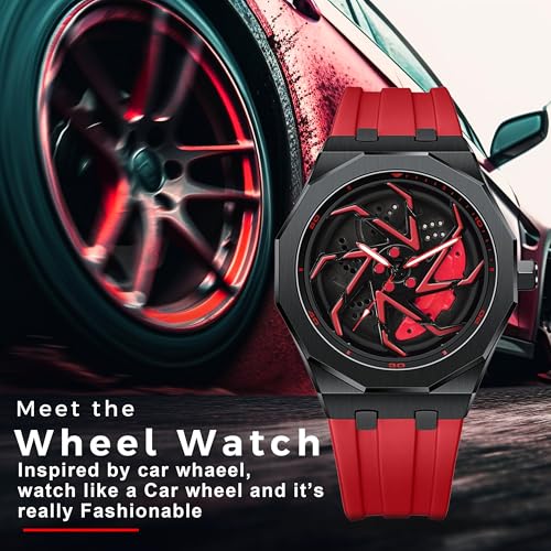 Image of IIK COLLECTION Men's Car Wheel Watch with Spinning Car Rim Hub Design with Silicon Strap|| Analog | Quartz Movement|| Water Resistant, Scratch Resistant