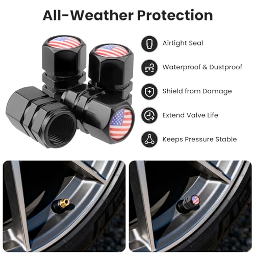 Tire Valve Stem Caps, 4 Pack Wheel Tire Valve Caps, for Universal Cars Trunks SUVs Motorcycles and Bikes, Dust Proof Leak-Proof Light-Weight Aluminum Alloy (Black, Amarican Flag) - Thumbnail 3