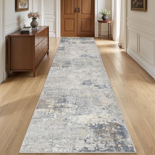 3X12 Washable Runner Rug for Hallway: Soft Neutral Modern Abstract Area Rug - Non-Slip Low Pile Long Throw Indoor Carpet for Kitchen Entryway Kitchen Bedroom Laundry - Blue Grey