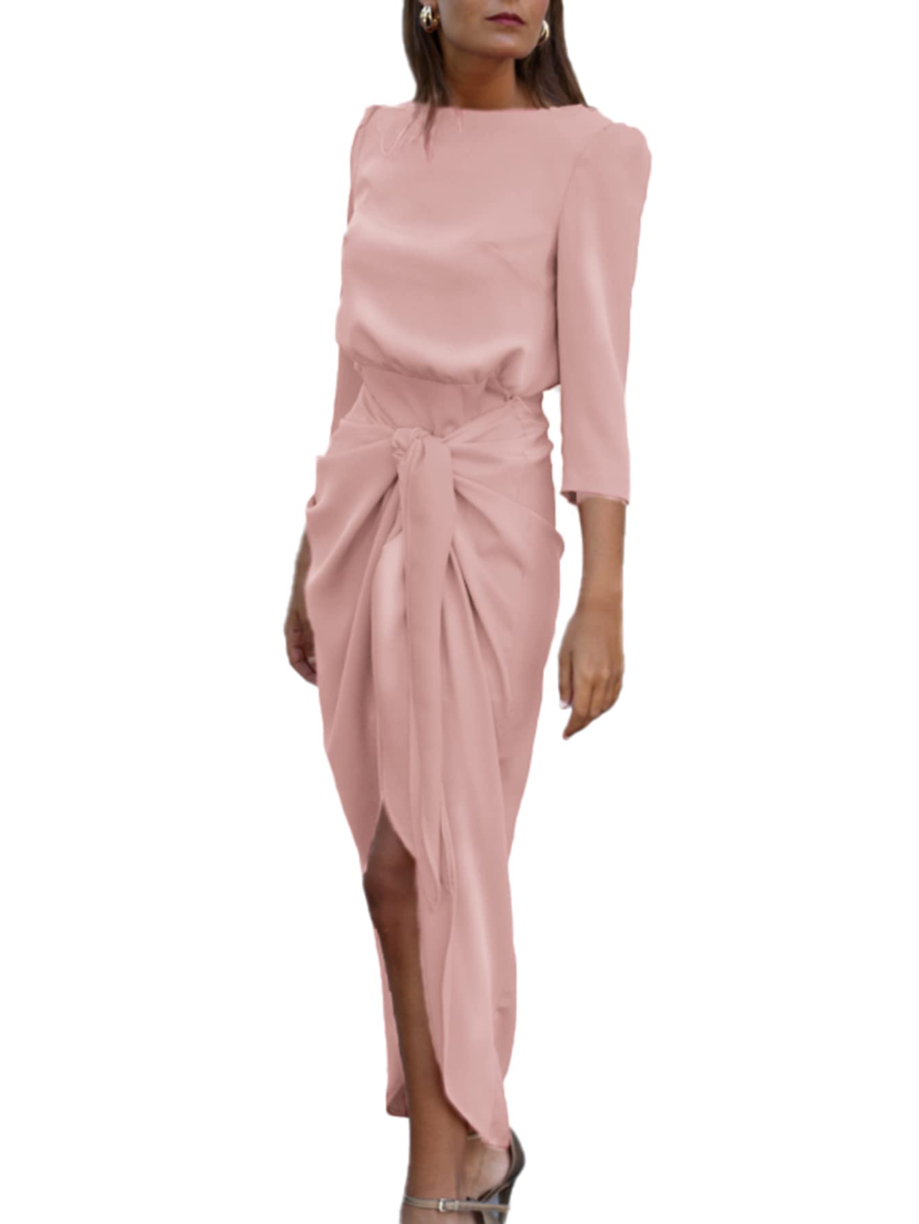 GlamakerWomen’s Satin Long Sleeve Formal Dress Tie Front Elegant Pencil Midi Dress