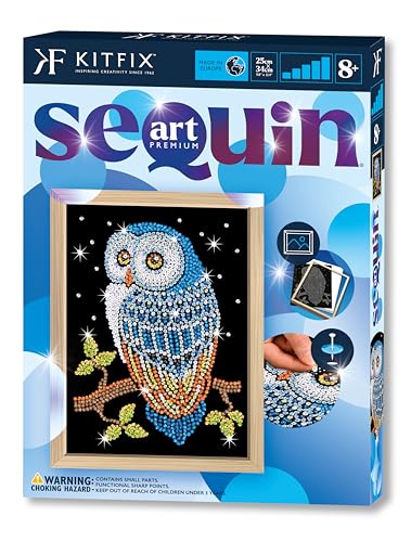 Kitfix - Sequin Art Chouette nocturne avec cadre en bois - 27 x 36 cm - Sequin Art Blue Premium - Image à paillettes - Kit de création pour adolescents, adultes et...