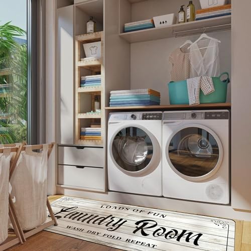 Laundry Room Rug Non Slip Floor mats Farmhouse Large Laundry Rugs for Laundry Runner Room Mat Washer and Dryer Carpet Laundry Room Decor 20x59inch(White)