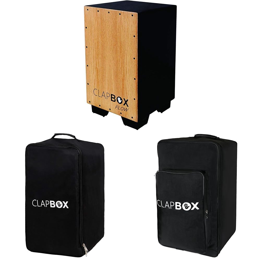 Clapbox Cajon CB02 Flow in Black Oak Wood with Internal Snares and Clapbox Cajon Bag with Carry Handle and Shoulder Straps.