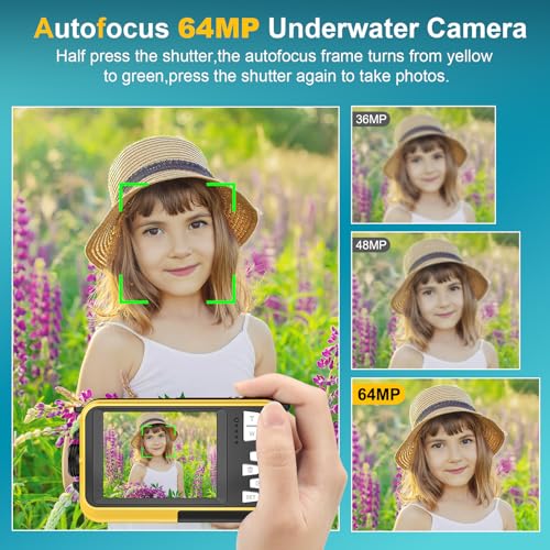 Image of 4K Underwater Camera 64MP Autofocus 16FT Waterproof Camera Dual-Screen Selfie 16X Underwater Camera for Snorkeling Waterproof Compact Floatable Digital Camera with 32GB Card,Yellow