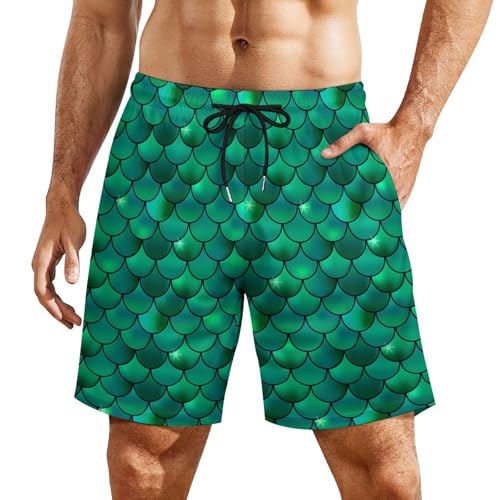 Green Fish Scales Mermaids Men's Beach Shorts with Compression Lining, Quick Dry Stretch Swimsuit2