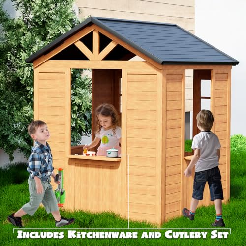 All Spruce Outdoor Kids Playhouse, Toddler Wooden Playhouse for Kids Ages 3-10, with Sink, Stove, Flower Pot Holders, Phone, Kitchen with Food Kitchenware Tableware, 42\" x 45\" x 55\", Brown