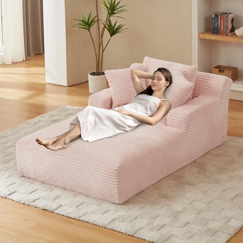 Image of Chaise Lounge Chair Indoor, 50 Inch Oversized Corduroy Upholstered Boneless Sofa Bed, Deep Seat Sleeper Couch Reading Chairs, Cloud Sofas Couches for Living Room (Pink, 50 inch W x 80 inch D)