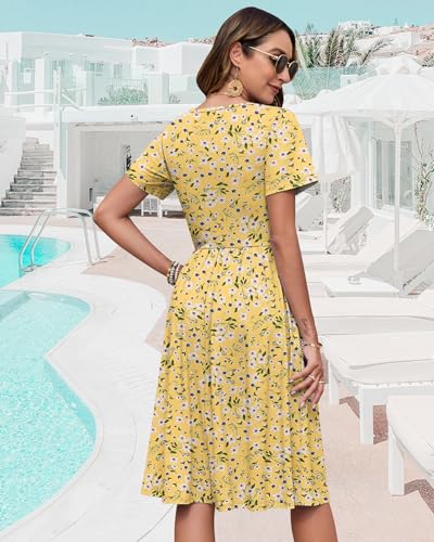 Image of WNEEDU Women V Neck Button Down Empire Waist Midi Summer Dress with Pockets