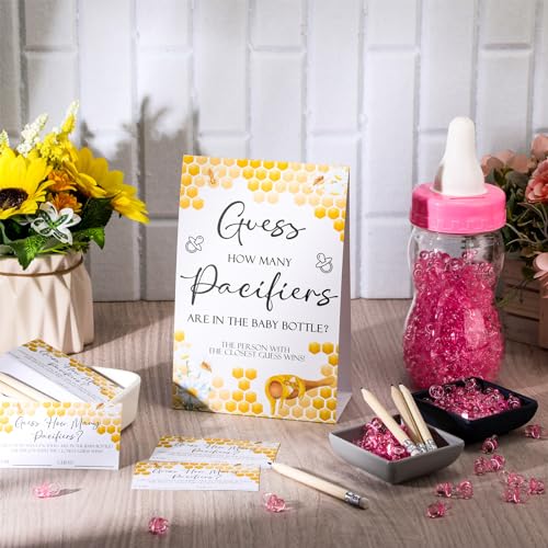 Image of Roowest 512 Pcs Baby Shower Games Guess How Many Pacifiers Sign 100 Small Guessing Games 10 HB Pencils 750ml Milk Bottle 400 Acrylic Pacifiers Decoration for Guest Gender Reveal(Pink,Bee)