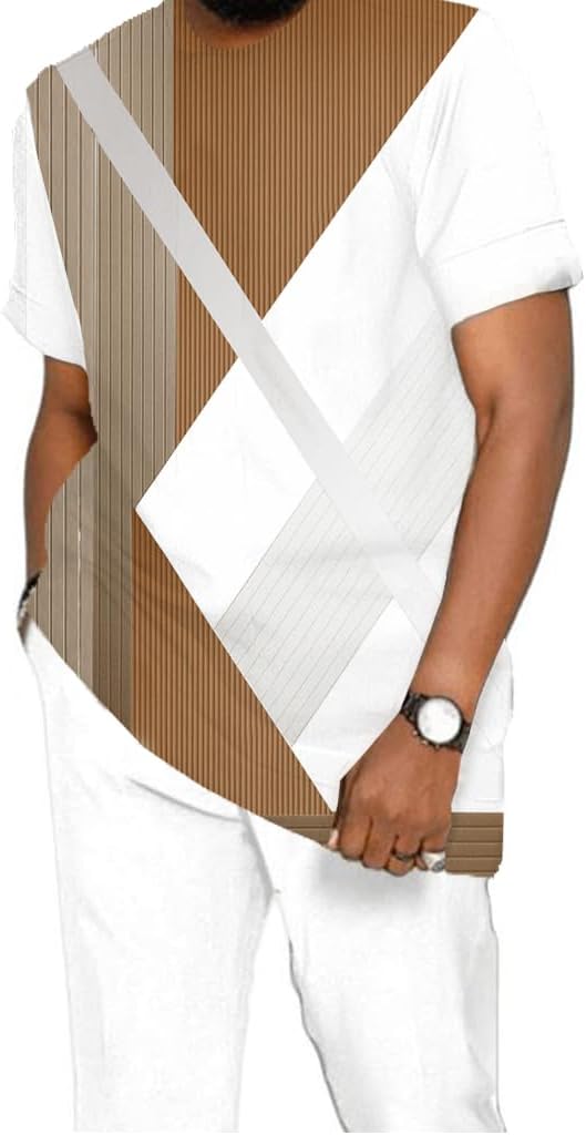 Men Two Piece Outfits Casual Summer Short Sleeve Long Pants Set Vintage Tracksuit Beach Vacation