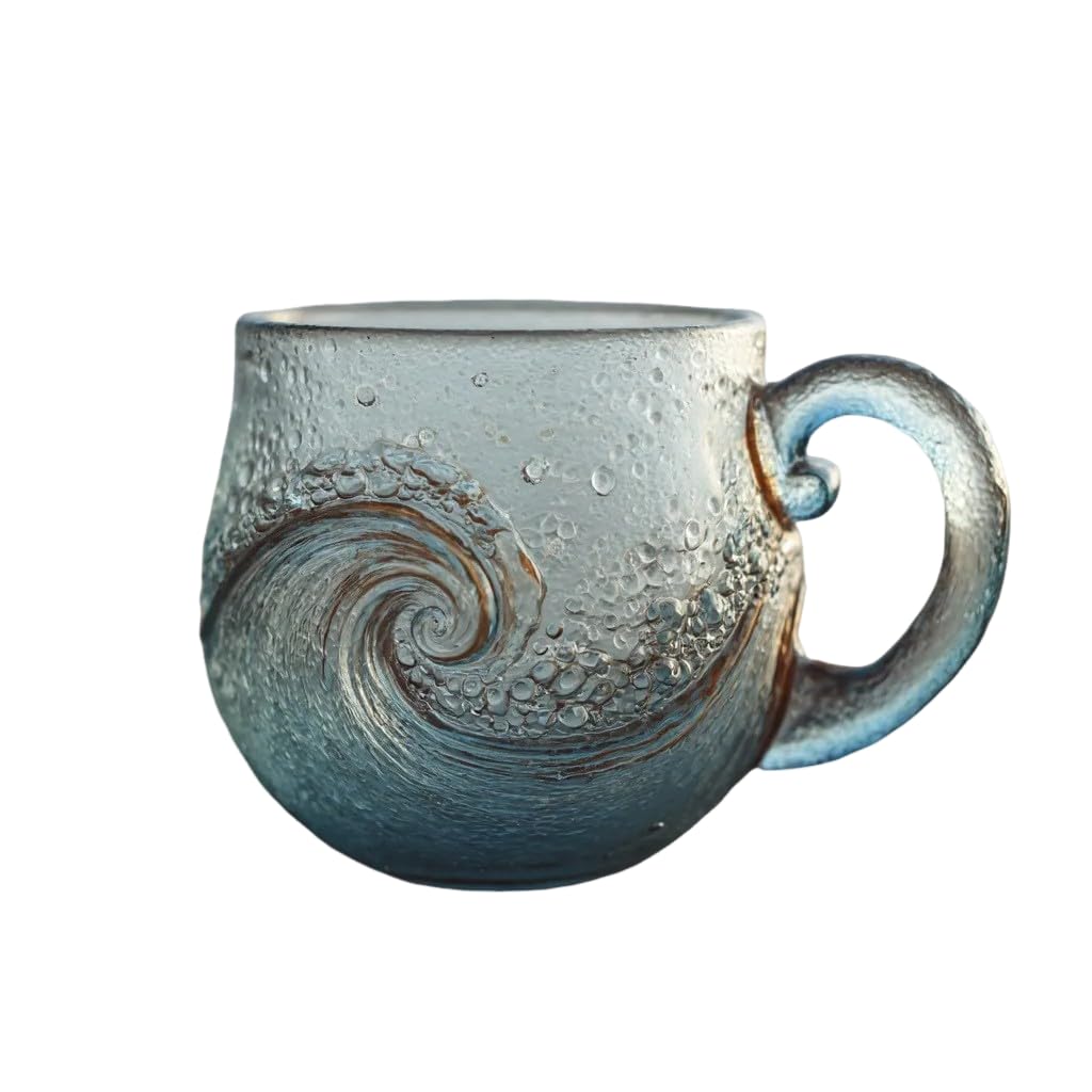NEWFT Unique Textured Beach Theme Glass Cup 12Oz Handmade Sea Waved Design Mug For Coastal Decors Enthusiasts