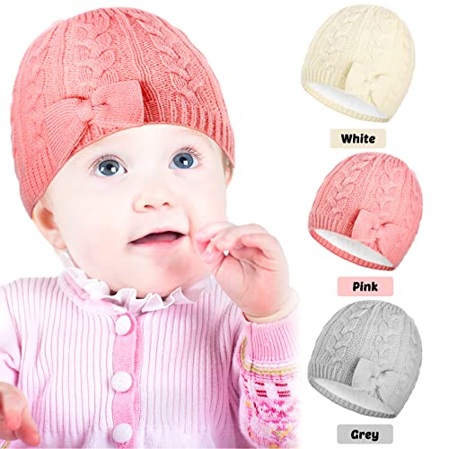 Satinior 3 Pieces Fleece Lined Baby Beanie Hat With Bow, Infant Newborn Toddler Kids Winter Warm Knit Cap For Boys Girls (Beige, Pink, Grey,0-6 Months) #TOP6