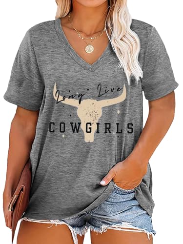 Cowgirl Shirts Women V Neck Plus Size T Shirt Western Cow Skull Graphic Tees Short Sleeve Tops (Grey,2XL)