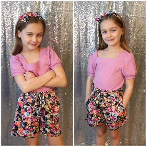 Image of Arshiner Toddler Girls 3 Piece Outfit Set Puff Sleeve Square Neck Top with Shorts and Matching Headband Summer Clothes 2T-8Y
