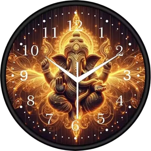 Image of Lord Ganesha Wall Clock for Living Room, Home Decor & Pooja Room | Golden Glowing Ganpati Bappa Analog Designer Wall Clock (Round, 12 Inch, Silent Sweep) | Spiritual Vastu Decorative Gift Item