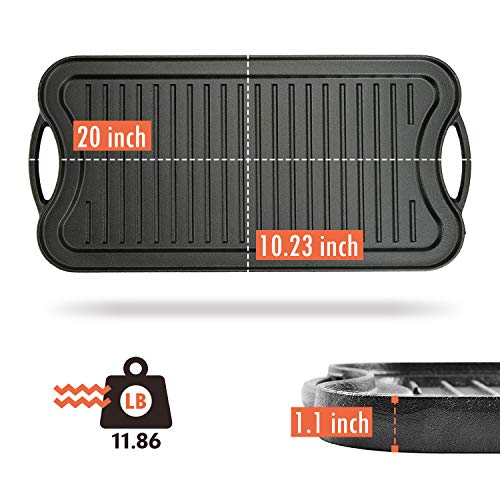 COOKWIN Cast Iron Griddle Grill Pan, 20\"x10\" Pre-Seasoned Cast Iron Griddle for Stovetop with Accessories Includes Cast Iron Grill Press (5\"x 9\"), Grill Pan Scraper and Chainmail Cleaner - Thumbnail 6