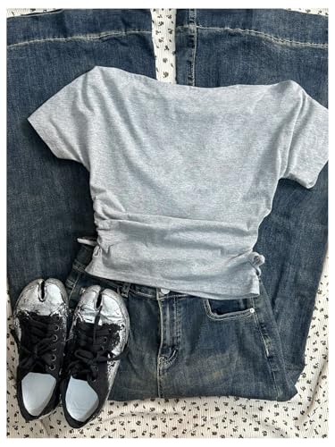 Girl's Letter Print Off The Shoulder T Shirt Short Sleeve Ruched Summer Street Crop Tops2