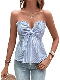 GORGLITTER Women's Striped Strapless Tube Bandeau Tie Front Bow Peplum Top