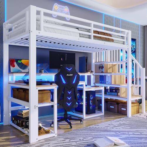 Moimhear Cama alta, marco de hierro, compartimento de almacenamiento, construcción de escaleras con espacio de almacenamiento y barandilla de seguridad, con tira de luz LED, escritorio, con conector