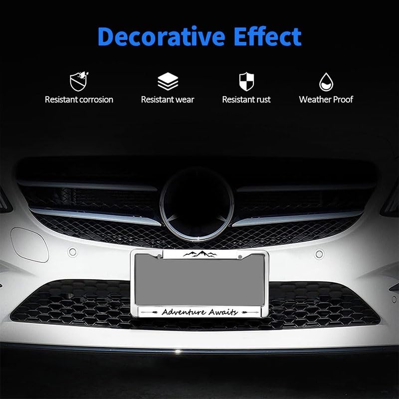 Image of Adventure Awaits Mountain License Plate Frame, Metal Outdoor Auto Tag Cover | Express your love for outdoor adventure with this durable metal mountain license frame, weather-resistant to last.