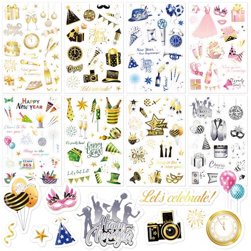 HOWAF 24 Sheet Happy New Year Stickers - Multi Color Vinyl Stickers Firework Gift Tags for Greeting Cards & Decor