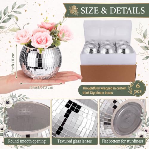 Image of Inbagi 6 Pcs Disco Ball Vase Mirror Glass Centerpiece,3 x 4 Inch,Silver | Mirrored Planter in Wedding Party, Reflective Flower Holders, Retro Glam Bowls Ideal Bedroom Kitchen Office Table Decorations