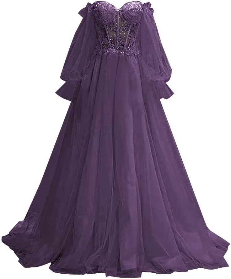 Puffy Sleeve Prom Dresses Off Shoulder Lace Tulle Ball Gowns Formal Evening Gowns Sweetheart Princess Wedding Gown