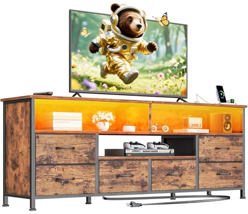 Image of Furologee LED TV Stand for Bedroom, 55 Inch Entertainment Center with Power Outlets and LED Lights for 55 60 inch TVs, Console Media Table with 6 Fabric Drawers, for Living Room, Rustic Brown