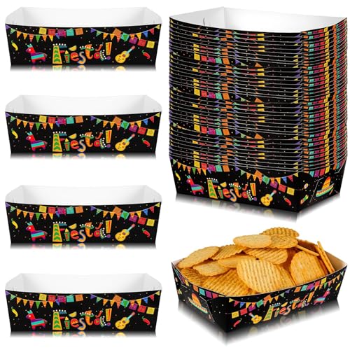 100 Pieces Fiesta Snack Trays Mexican Paper Food Trays Disposable Cinco De Mayo Nacho Hot Dog Taco Popcorn Holder Trays for Day of the Dead Mexican Taco Themed Party