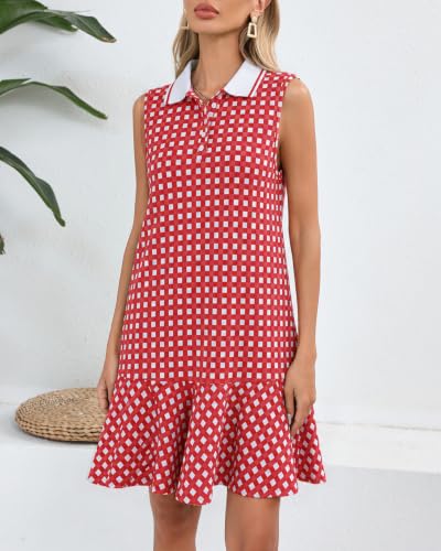 Image of YEXPINE Women's Sleeveless Polo Dress Ruffle Hem Lapel V Neck T-Shirt Summer Mini Dresses