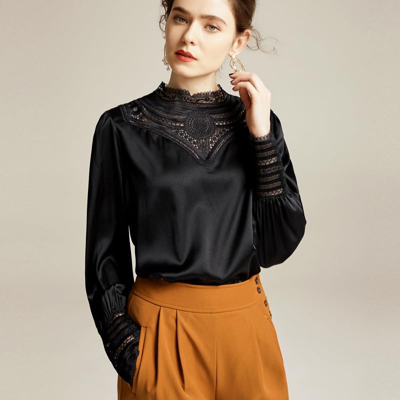 Chemisier en Satin de Soie Unie pour Femme, Manches Longues, Dentelle, col Rond, Chemise de Bureau, Chemise de Printemps (Rose M)