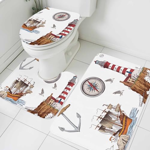 Shine-Home Nautical Lighthouses Bathroom Rugs Mat Sets 3 Piece, Ocean Ship Anchors Seashells Birds Bath Shower Rugs with U-Shaped Contour Toilet Mat, Large Absorbent Bathtub Runner Rugs Floor Mats