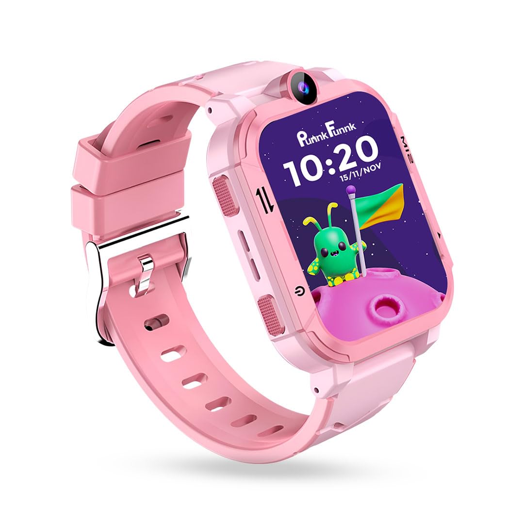 punnkfunnk safeguard kids smart watch 5g/4g with sim calling, gps tracker, video calling, sos alerts, face unlock, voice chat, games, ip67 waterproof, 800mah battery (pink)
