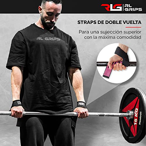 RLGrips® Straps Gym para Levantamiento de Pesas y Powerlifting - Correas de Agarre Fitness con Grip de Silicona para Gimnasio - Agarraderas de Entrenamiento para Peso Muerto, Jalones, Remos (Rosa)